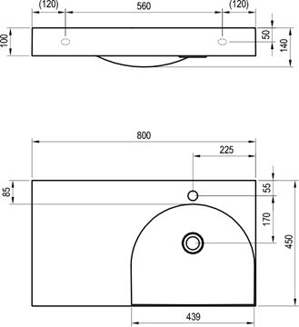RAVAK LITE umývadlo 80 cm, s otvorom pre batériu vpravo, bez prepadu, liaty mramor XJXL1280000 Technický nákres