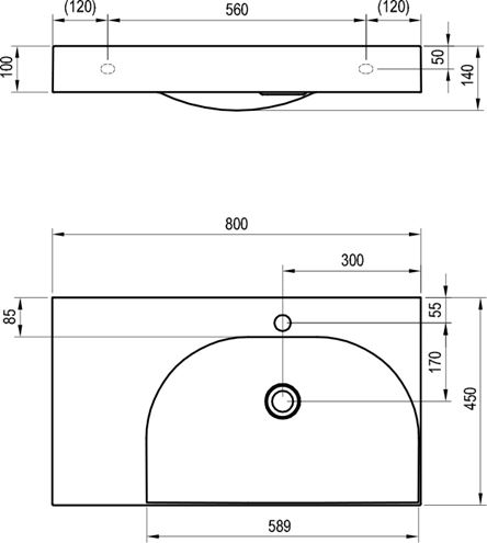 RAVAK LITE umývadlo 80 cm, s otvorom pre batériu vpravo, bez prepadu, liaty mramor XJXL1280001 Technický nákres