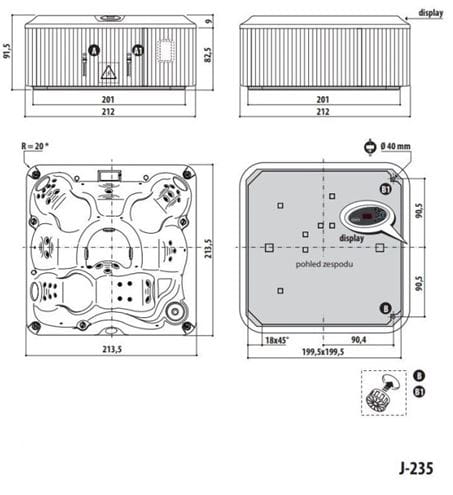 JACUZZI J-235 vírivka 213,5x213,5 cm, pre 6 osôb, 35 trysiek, s termokrytom, s osvetlením, platinum/silverwood J235+903003210 Technický nákres