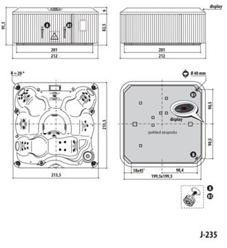 JACUZZI J-235 vírivka 213,5x213,5 cm, pre 6 osôb, 35 trysiek, s termokrytom, s osvetlením, platinum/silverwood J235+903003210 Technický nákres