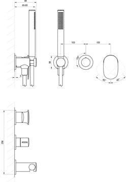 RAVAK SPRING SG 065.00CR.O2+S podomietková batéria, pre 2 spotrebiče, s telesom, so sprchovou súpravou, chróm X070534 Technický nákres