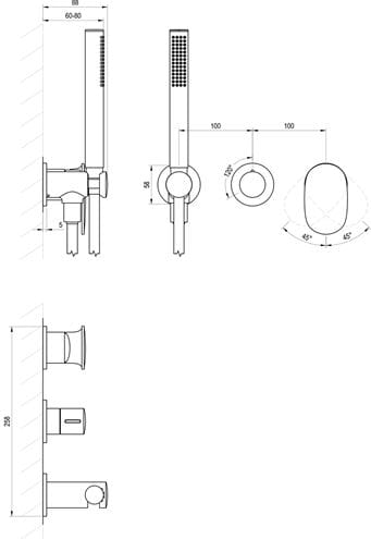 RAVAK SPRING SG 065.00CR.O2+S podomietková batéria, pre 2 spotrebiče, s telesom, so sprchovou súpravou, chróm X070534 Technický nákres
