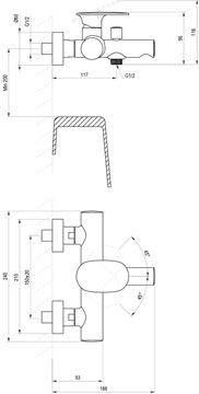 RAVAK SPRING SG 022.00CR vaňová nástenná batéria, s prepínačom, chróm X070528 Technický nákres