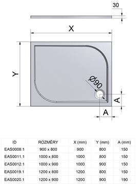 EASY sprchová vanička 120x90 cm, liaty mramor, bez nožičiek, s protišmykom EAS0020.1 Technický nákres