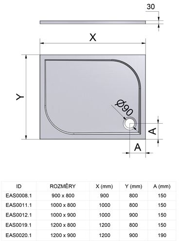 EASY sprchová vanička 120x90 cm, liaty mramor, bez nožičiek, s protišmykom EAS0020.1 Technický nákres