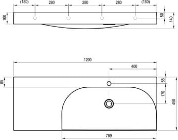 RAVAK LITE umývadlo 120 cm, s otvorom pre batériu vpravo, bez prepadu, liaty mramor XJXL1212000 Technický nákres