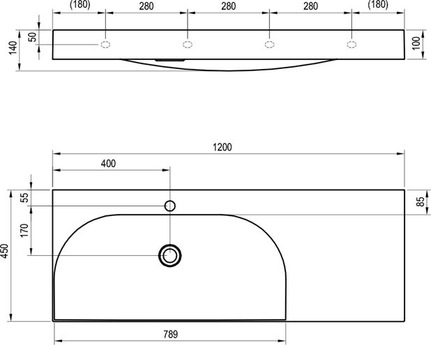 RAVAK LITE umývadlo 120 cm, s otvorom pre batériu vľavo, bez prepadu, liaty mramor XJXP1212000 Technický nákres