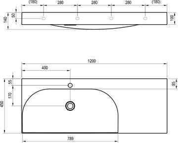 RAVAK LITE umývadlo 120 cm, s otvorom pre batériu vľavo, bez prepadu, liaty mramor XJXP1212000 Technický nákres