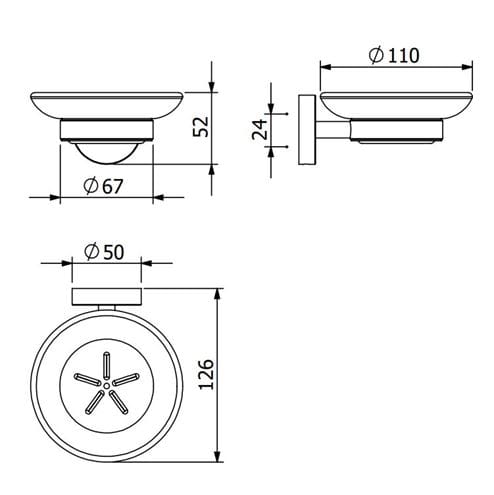 CONCEPT 100 mydlenka, nástenná, sklo, chróm CO-21515A Technický nákres