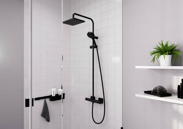HANSGROHE VERNIS SHAPE SHOWERPIPE 230 sprchový set s termostatickou batériou, horná sprcha, ručná sprcha s 2 prúdmi, tyč, hadica, EcoSmart, matná čierna 26097670 Obrázek - fotka