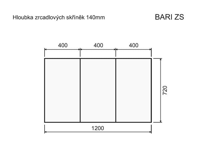 INTEDOOR BARI zrkadlová skrinka 120x72x14 cm, s vypínačom a el. zásuvkou, MDF, cotto mat BAZS120A9556 Technický nákres