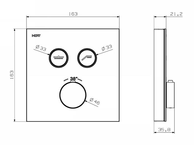 NDW SWISS BOX podomietková termostatická batéria, pre 2 spotrebiče, matná čierna PM10158/MB Technický nákres