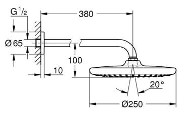 GROHE TEMPESTA 250 horná sprcha pr. 250 mm, s ramenom, Water Saving, matná čierna 266682430 Technický nákres