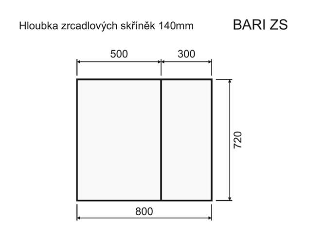 INTEDOOR BARI zrkadlová skrinka 80x72x14 cm, s vypínačom a el. zásuvkou, MDF, lesklá biela BAZS80A0016 Technický nákres