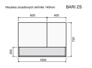 INTEDOOR BARI zrkadlová skrinka 100x72x14 cm, s vypínačom a el. zásuvkou, MDF, lesklá biela BAZSN100A0016 Technický nákres