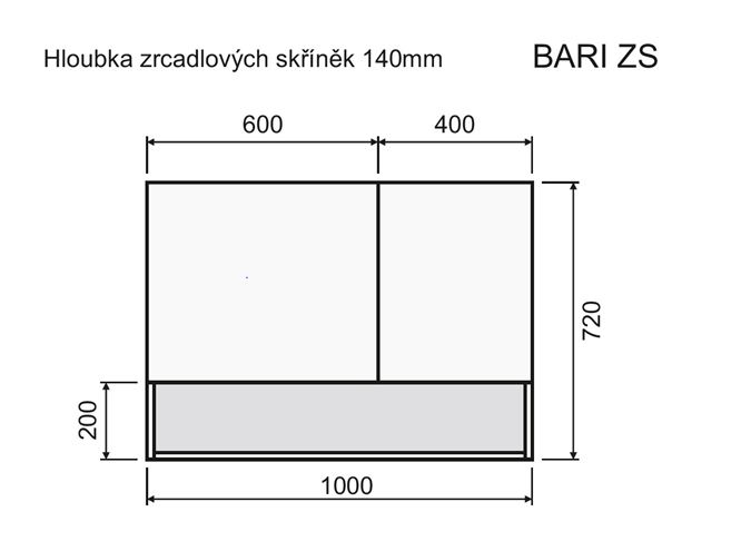INTEDOOR BARI zrkadlová skrinka 100x72x14 cm, s vypínačom a el. zásuvkou, MDF, matná čierna/dub anniversary BAZSN100A3686/A02 Technický nákres