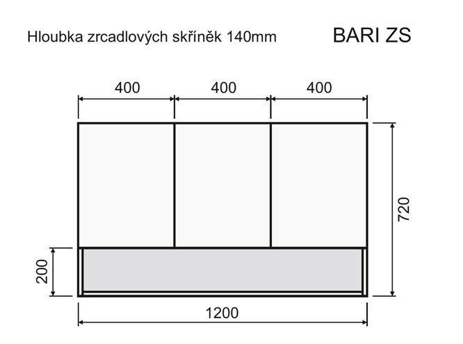 INTEDOOR BARI zrkadlová skrinka 120x72x14 cm, s vypínačom a el. zásuvkou, MDF, matná čierna/dub anniversary BAZSN120A3686/A02 Technický nákres