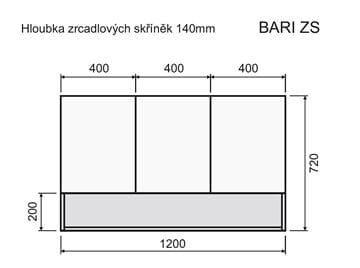 INTEDOOR BARI zrkadlová skrinka 120x72x14 cm, s vypínačom a el. zásuvkou, MDF, matná čierna/dub anniversary BAZSN120A3686/A02 Technický nákres