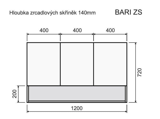 INTEDOOR BARI zrkadlová skrinka 120x72x14 cm, s vypínačom a el. zásuvkou, MDF, aqua marina mat BAZSN120A6766 Technický nákres