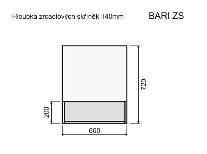 INTEDOOR BARI zrkadlová skrinka 60x72x14 cm, s vypínačom a el. zásuvkou, pánty vpravo, MDF, aqua marina mat BAZSN60PA6766 Technický nákres