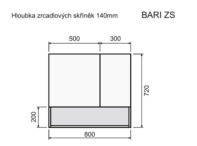 INTEDOOR BARI zrkadlová skrinka 80x72x14 cm, s vypínačom a el. zásuvkou, MDF, aqua marina mat BAZSN80A6766 Technický nákres