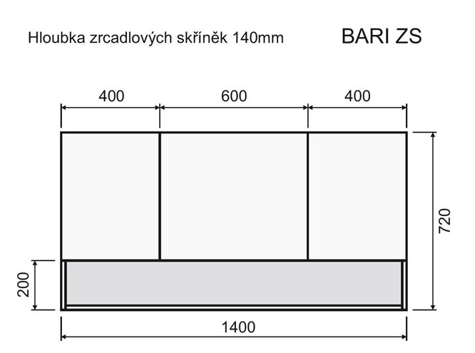 INTEDOOR BARI zrkadlová skrinka 140x72x14 cm, s vypínačom a el. zásuvkou, MDF, lesklá biela/dub anniversary BAZSN140A0016/A02 Technický nákres