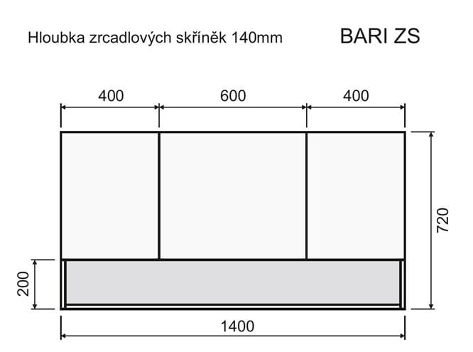INTEDOOR BARI zrkadlová skrinka 140x72x14 cm, s vypínačom a el. zásuvkou, MDF, matná čierna/dub anniversary BAZSN140A3686/A02 Technický nákres