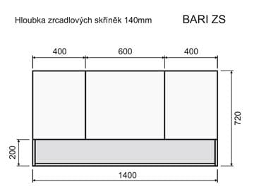 INTEDOOR BARI zrkadlová skrinka 140x72x14 cm, s vypínačom a el. zásuvkou, MDF, matná čierna/dub anniversary BAZSN140A3686/A02 Technický nákres
