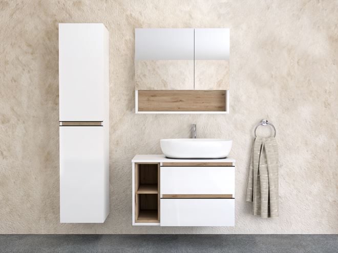INTEDOOR BARI zrkadlová skrinka 60x72x14 cm, s vypínačom a el. zásuvkou, pánty vpravo, MDF, lesklá biela/dub anniversary BAZSN60PA0016/A02 Obrázek - fotka
