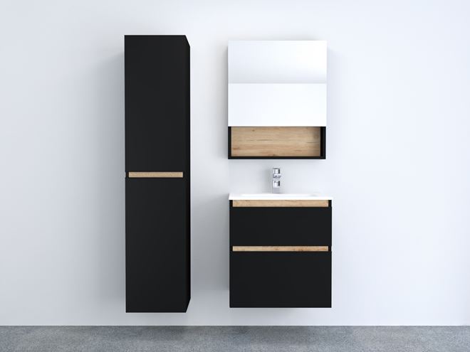 INTEDOOR BARI zrkadlová skrinka 60x72x14 cm, s vypínačom a el. zásuvkou, pánty vpravo, MDF, matná čierna/dub anniversary BAZSN60PA3686/A02 Obrázek - fotka