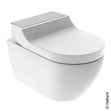 GEBERIT AQUACLEAN TUMA COMFORT závesné WC s bidetovým sedadlom, SoftOpening, Rimless, KeraTect, biela/kefovaná nerez