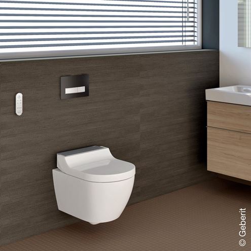 GEBERIT AQUACLEAN TUMA COMFORT závesné WC s bidetovým sedadlom, SoftOpening, Rimless, KeraTect, biela/kefovaná nerez 146.290.FW.1 Obrázek - fotka