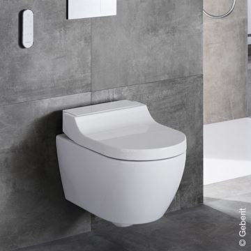 GEBERIT AQUACLEAN TUMA COMFORT závesné WC s bidetovým sedadlom, SoftOpening, Rimless, KeraTect, biela/biele sklo 146.290.SI.1 Obrázek - fotka