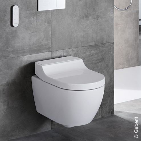 GEBERIT AQUACLEAN TUMA COMFORT závesné WC s bidetovým sedadlom, SoftOpening, Rimless, KeraTect, biela/biele sklo 146.290.SI.1 Obrázek - fotka