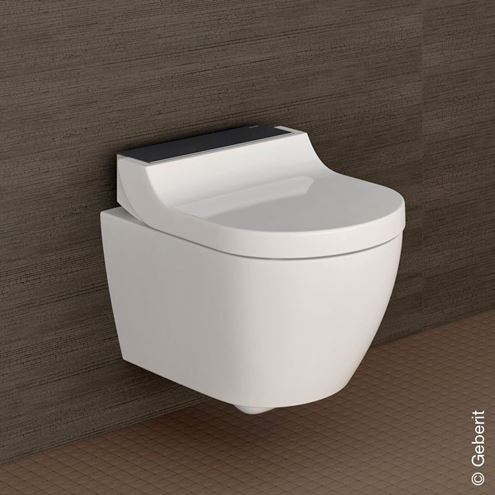 GEBERIT AQUACLEAN TUMA COMFORT závesné WC s bidetovým sedadlom, SoftOpening, Rimless, KeraTect, biela/čierne sklo 146.290.SJ.1 Obrázek - fotka