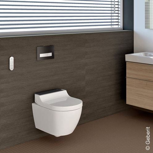 GEBERIT AQUACLEAN TUMA COMFORT závesné WC s bidetovým sedadlom, SoftOpening, Rimless, KeraTect, biela/čierne sklo 146.290.SJ.1 Obrázek - fotka