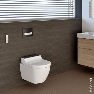 GEBERIT AQUACLEAN TUMA COMFORT závesné WC s bidetovým sedadlom, SoftOpening, Rimless, KeraTect, biela/čierne sklo 146.290.SJ.1 Obrázek - fotka
