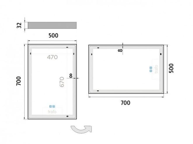 NIMCO ZP 13000 zrkadlo 50x70 cm, reverzibilné, s osvetlením, s reguláciou stmievania a teploty svetla, s dvoma senzormi ZP 13001VX Technický nákres