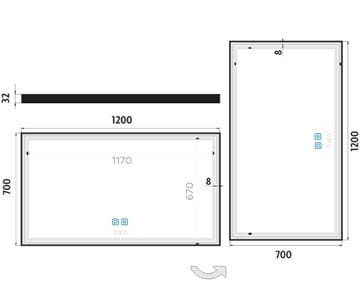 NIMCO ZP 13000 zrkadlo 120x70 cm, reverzibilné, s osvetlením, s reguláciou stmievania a teploty svetla, s dvoma senzormi ZPC 13006VX-90 Technický nákres