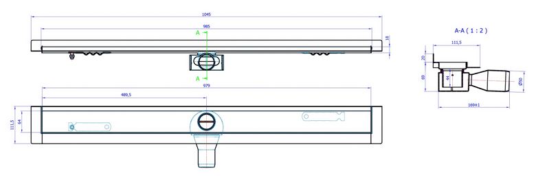 CONCEPT 50 sprchový žľab 985 mm, k stene, bočný odtok pr. 50 mm, bez roštu, nerez oceľ 413964 Technický nákres
