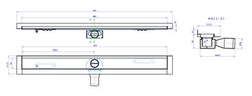 CONCEPT 50 sprchový žľab 885 mm, k stene, bočný odtok pr. 50 mm, bez roštu, nerez oceľ 413963 Technický nákres