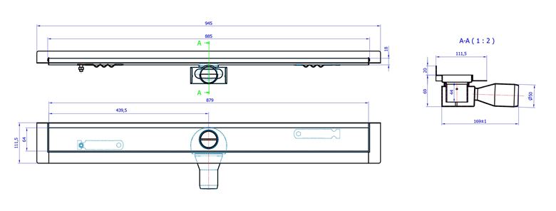 CONCEPT 50 sprchový žľab 885 mm, k stene, bočný odtok pr. 50 mm, bez roštu, nerez oceľ 413963 Technický nákres