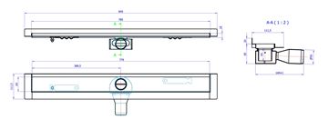 CONCEPT 50 sprchový žľab 785 mm, k stene, bočný odtok pr. 50 mm, bez roštu, nerez oceľ 413962 Technický nákres
