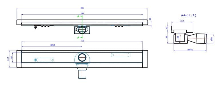 CONCEPT 50 sprchový žľab 785 mm, k stene, bočný odtok pr. 50 mm, bez roštu, nerez oceľ 413962 Technický nákres
