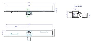CONCEPT 50 sprchový žľab 785 mm, do priestoru, bočný odtok pr. 50 mm, bez roštu, nerez oceľ 413959 Technický nákres