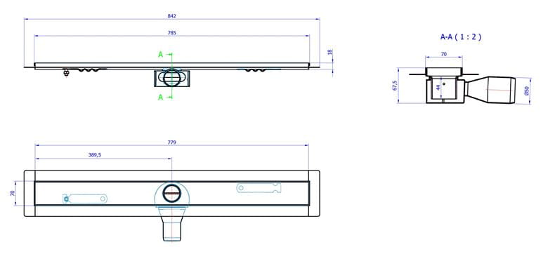 CONCEPT 50 sprchový žľab 785 mm, do priestoru, bočný odtok pr. 50 mm, bez roštu, nerez oceľ 413959 Technický nákres