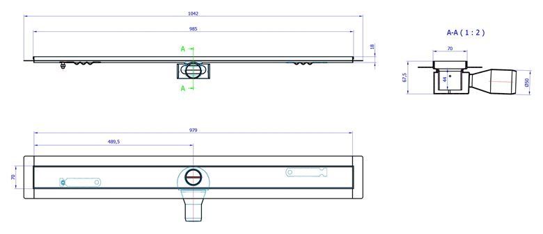 CONCEPT 50 sprchový žľab 985 mm, do priestoru, bočný odtok pr. 50 mm, bez roštu, nerez oceľ 413961 Technický nákres