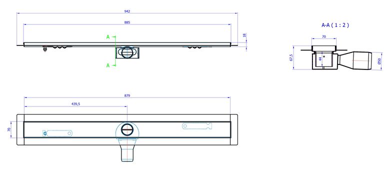 CONCEPT 50 sprchový žľab 885 mm, do priestoru, bočný odtok pr. 50 mm, bez roštu, nerez oceľ 413960 Technický nákres
