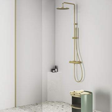 RAVAK ESPIRIT ES 091.60GLB sprchový set s termostatickou batériou, horná sprcha, ručná sprcha, tyč, hadica, kartáčované zlato X070614 Obrázek - fotka