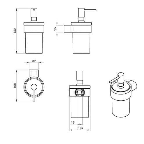 GEDY PIRENEI dávkovač tekutého mydla 110 ml, sklo, chróm PI8113 Technický nákres